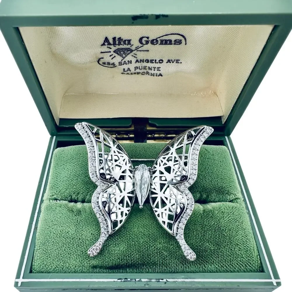 Cubic Zirconia Butterfly Abstract Filigree Chrome Finish Silver Tone Brooch